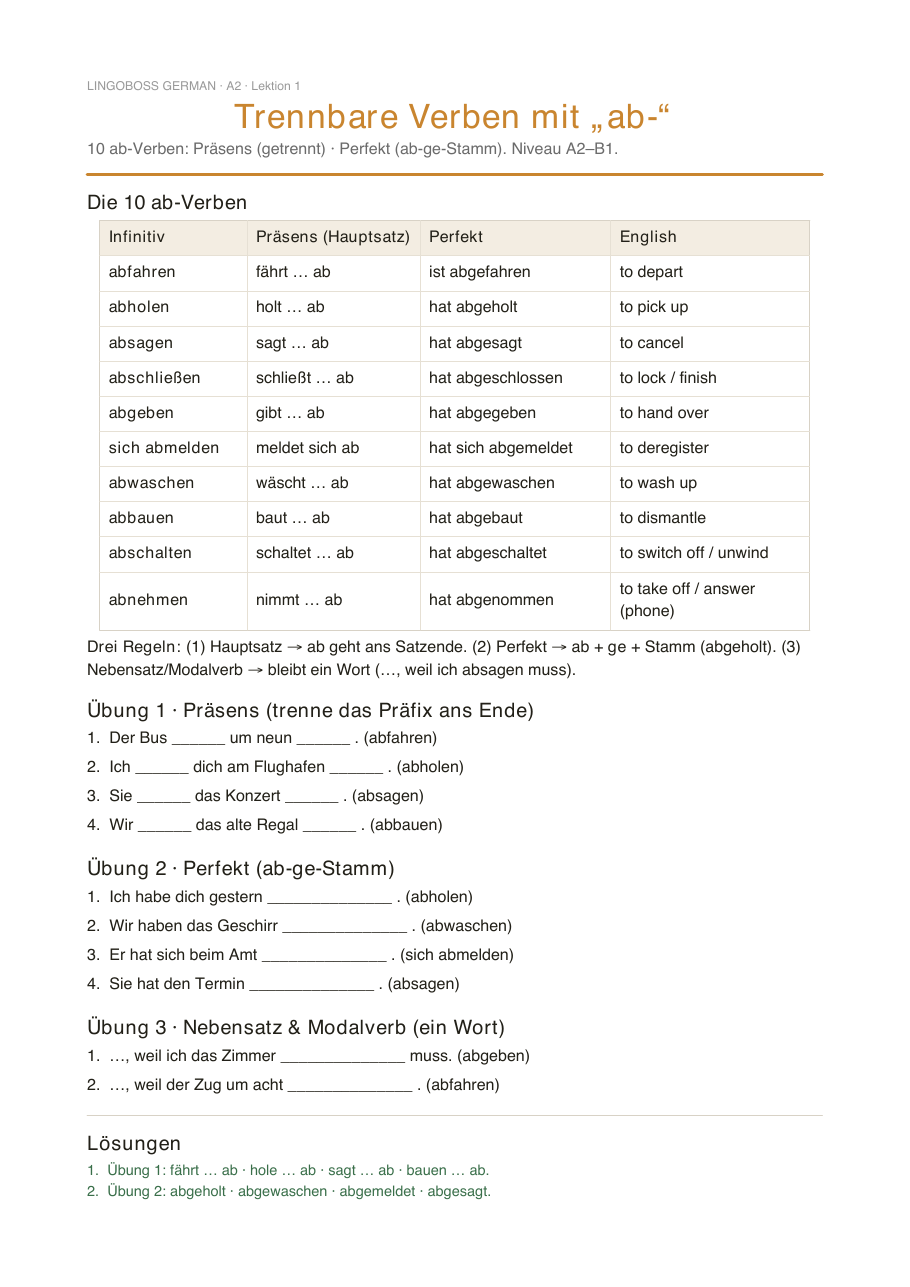 Übungs-PDF: 10 trennbare ab-Verben (Präsens · Perfekt)
