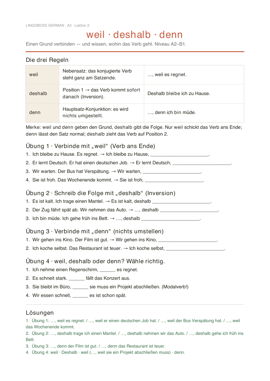 Übungs-PDF: weil · deshalb · denn (Verbstellung)
