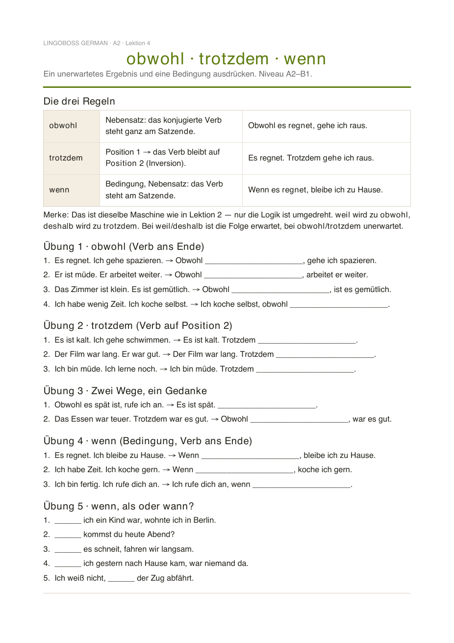 Übungs-PDF: obwohl · trotzdem · wenn (Verbstellung)